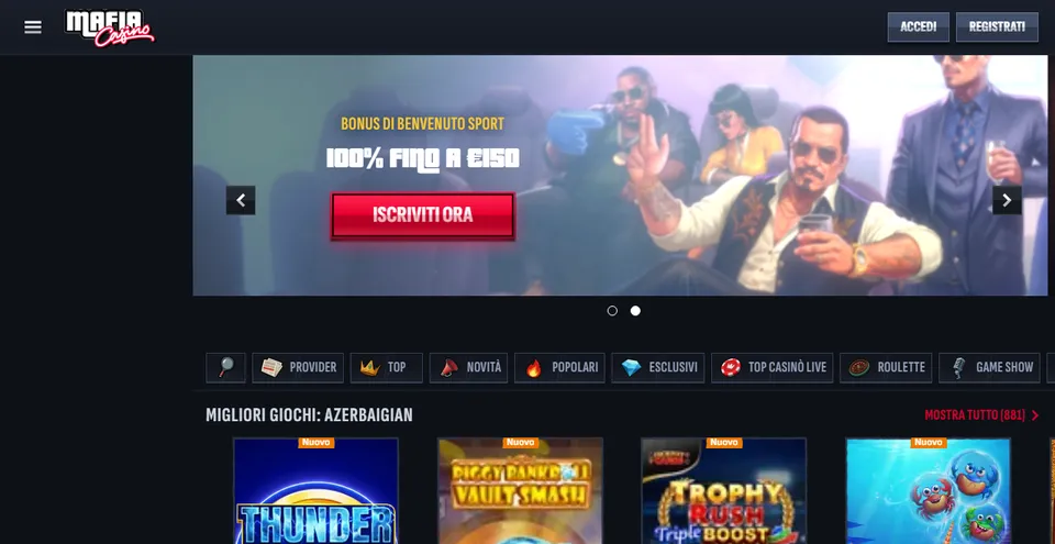 Homepage di Mafia Casino, settembre 2026